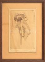 Jean-Louis Forain (1852-1931): Női akt tükör előtt, 1928. Rézkarc, papír, jelzett. Üvegezett fakeretben. 21,5x13,5 cm.