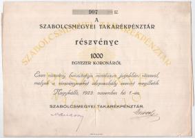 Nagykálló 1923. Szabolcsmegyei Takarékpénztár részvénye 1000K értékben, szelvényekkel, szárazpecséttel T:III