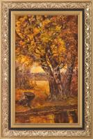 Barcza Andrásné (1922-): Magányos őszi fa. Olaj, farost. Jelzett. Dekoratív fakeretben. 50×30 cm