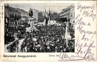 1899 (Vorläufer) Szekszárd, Szegzárd; Garay tér, Garay János szobor felavatási ünnepsége 1898-ban, magyar zászlók, tömeg. Weltmann I. kiadása (EK)