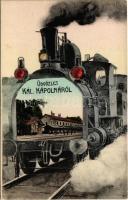 Kál, Kál-Kápolna vasútállomás, gőzmozdonyos montázslap / Bahnhof / locomotive montage postcard with railway station