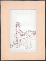 Ladányi jelzéssel: Szeretők (erotikus grafika). Tus, papír. Paszpartuban. 20,5x29 cm