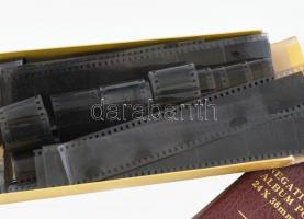 Vegyes negatívok, kb. 100 db, sérült szovjet gyufás díszdobozban + 35 mm negatív album, 300 férőhely...