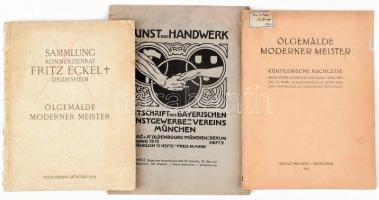 1913-1917 Vegyes külföldi katalógus tétel, 3 db:   1913 Kunst und Handwerk. Zeitschrift des Bayersichen Kunstgewerbe - Vereins München. Jahrgang 1913. Heft 2. Papírkötés, foltos, kissé sérült lapokkal.;   1916 Ölgemälde Moderner Meister. Sammlung Kommerzienrat Fritz Eckel In Deidesheim. Auktion in München in der Galerie Helbing. Papírkötés, kopott borítóval, a borítón áthúzással.;   1917 Ölgemälde Moderner Meister. Auktion in München in der Galerie Helbing. Papírkötés, kissé sérült gerinccel.;