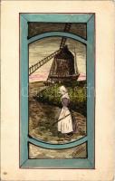 1908 Kézzel rajzolt és festett művészlap szélmalommal / Hand-drawn and hand-painted art postcard with windmill s: Vass (non PC) (EK)