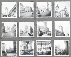 cca 1930-1950 Régi fotók külföldi városokról, épületekről (Prága, Károly híd a Lőportoronnyal, Tyn-templom, stb.), összesen kb. 120-140 db fotó vegyesen, harántalakú zsinórfűzéses albumban, 35x25,5 cm