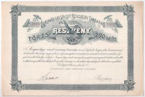 Budapest 1896. "Lonjavölgyi Vasut Részvény-Társaság" törzsrészvénye 200Ft-ról (2x) sorszám...