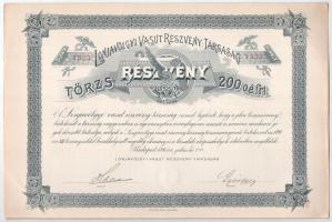 Budapest 1896. "Lonjavölgyi Vasut Részvény-Társaság" törzsrészvénye 200Ft-ról (2x) sorszám...