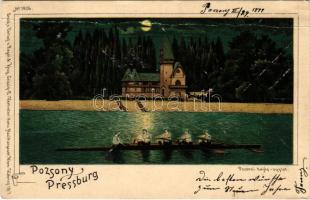 1899 (Vorläufer) Pozsony, Pressburg, Bratislava; Hajós egylet este evezősökkel / Ruderklub / Rowing club at night. Regel & Krug Art Nouveau, litho (fa)