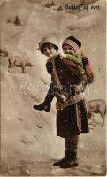 1920 Boldog Újévet / New Year greeting card with children and pigs (fa)