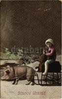 1914 Boldog Újévet / New Year greeting art postcard with child on a pig-drawn sled (b)