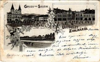 1898 (Vorläufer!) Zsolna, Sillein, Zilina; templom, híd, Fő tér. Nürnberg Ármin kiadása / church, bridge, main square. Art Nouveau, floral, litho (EK)