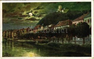 1916 Ljubljana, Laibach; general view with castle at night. Kunstverlag Hans Hausner Wien Künstlerkarte Nr. 7004/1. (EK)