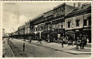 1932 Eperjes, Presov; Masaryk utca, Vogel, ?ódy Dom, Goldberger, Filip Schwarcz üzlete, cipőbolt, piac / street view with shops, market (Rb)