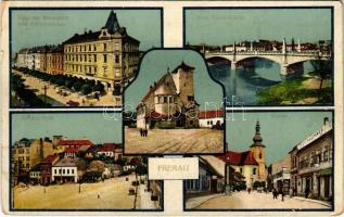 1917 Prerov, Prerau; Neue Beton-Brücke, Kirche / street view, bridge, square, church, restaurant, shops (worn corners)