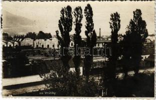 1931 Ruttka, Vrútky; vasútállomás, ipartelep, iparvasút, vonatok / industrial railway station, trains. photo (ragasztónyom / gluemark)