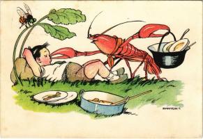 1933 Cserkészt orron csípő homár. A Magyar Cserészszövetség kiadása / Hungarian scout art with lobster s: Márton L. (EK)