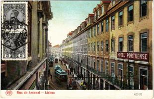 1910 Lisboa, Lisbon; Rua do Arsenal, Hotel Portuense / street and trams. TCV card (EK)