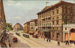 Genova, Genoa; Grand Hotel Isotta, Via Roma / hotel advertisement, street view, tram, automobile