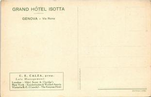 Genova, Genoa; Grand Hotel Isotta, Via Roma / hotel advertisement, street view, tram, automobile