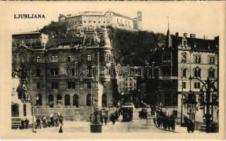 Ljubljana, Laibach; J. C. Mayer, Slavenska Banka / street, shops, tram