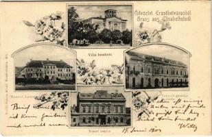 1903 Erzsébetváros, Dumbraveni; honvéd laktanya, városi tanács, takarékpénztár, szálloda, Villa Issekutz. Soltész Albert kiadása / military barrack, town hall, savings bank, hotel, villa. Art Nouveau, floral