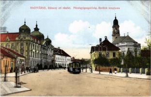 Nagyvárad, Oradea; Rákóczi utca, Pénzügyigazgatóság, Barátok temploma, villamos. Boros Jenő kiadása / street, financial palace, church, tram