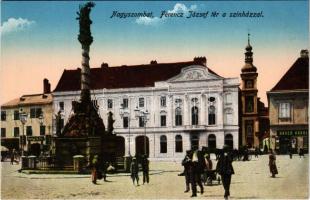 Nagyszombat, Tyrnau, Trnava; Ferenc József tér, színház, Szentháromság szobor, Bauer Károly, Magran Miksa és Smekal és fia üzlete / square, theatre, Trinity statue, shops