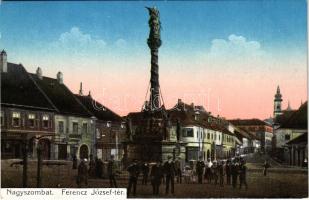 Nagyszombat, Tyrnau, Trnava; Ferenc József tér, Szentháromság szobor, gyógyszertár. Winter Zsigmond kiadása / square, Trinity statue, shops, pharmacy