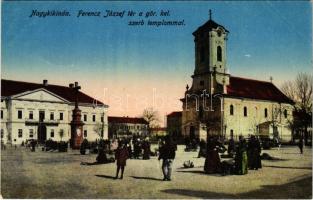 Nagykikinda, Kikinda; Ferenc József tér, Görögkeleti szerb templom, piac / square, market, Serbian Orthodox church