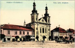 Marosvásárhely, Targu Mures; Római katolikus templom, Fő tér, Csiky Emil és Kepes Adolf üzlete, vaskereskedés, Révész Béla kiadása / church, main square, shops