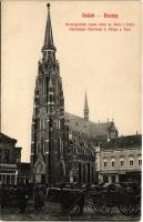 1911 Eszék, Essegg, Osijek; Gornjogradska zupna crkva sv. Petra i Pavla / Oberstädter Pfarrkirche h. Petrus u. Paul / Felsővárosi Péter és Pál templom, drogéria, piac / church, drugstore, market