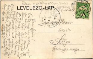 1908 Nagykanizsa, bankpalota és római katolikus templom. Üdvözlő montázs létrára mászó hölggyel, Fis...