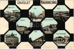 1909 Nagykanizsa, heti vásár, piac, korzó, Deák, Fő és Erzsébet királyné tér, Honvédlaktanya, Takarékpénztári palota. Szecessziós montázs, Art Nouveau, Fischel Fülöp fia kiadása