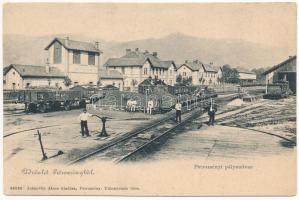 1911 Petrozsény, Pterosani; pályaudvar, Vasúti mozdonyfordító, fordítókorong a vasútállomáson, vonatok. Joánovits János kiadása / railway station, turntable (wheelhouse), train (EK)