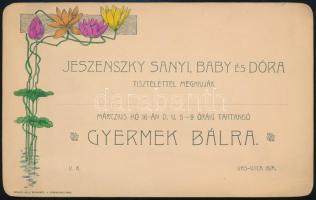 cca 1900-1910 Jeszenszky Sanyi, Baby és Dóra tisztelettel meghívják (...) gyermek bálra, szecessziós, kézzel színezett meghívó, Bp., Szénásy Béla, 17x10,5 cm