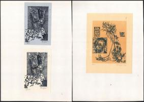 König (Kőnig) Róbert (1951-2014): Ex libris Dr. Soós Imre (3 db), jelzett, két papírlapra kasírozva, 17,5x13,5 cm és 12,5x8 cm méretben