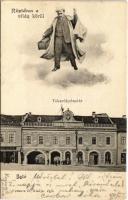 1908 Igló, Zipser Neudorf, Spisská Nová Ves; Takarékpénztár, Loja Gusztáv üzlete. Ferencz D. kiadása, Röptében a világ körül montázs repülő úrral / savings bank, shops. Montage with flying gentleman (r)