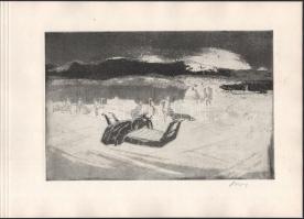 Áron Nagy Lajos (1913-1987): Nádvágók a Velencei-tónál. Rézkarc, papír, jelzett, 19,5x29,5 cm