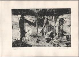M. Tóth István (1922-?): Faültetők. Rézkarc, papír, jelzett, 19,5x29,5 cm