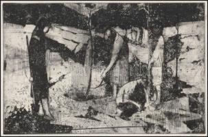 M. Tóth István (1922-?): Faültetők. Rézkarc, papír, jelzett, 19,5x29,5 cm
