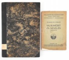 2 db filozófiai könyv: Bergson, Henri: Metafizikai értekezések. Ford. és jegyzetekkel ellátta: Dr. Dienes Valéria. Filozófiai Írók Tára Új Sorozat. Bp., [1925], Franklin-Társulat, 153+(1) p. Átkötött félvászon-kötésben, ceruzás jegyzetekkel, helyenként kissé foltos lapokkal, néhány lap sarka javított. + Finánczy Ernő: Világnézet és nevelés. Tanulmányok. Filozófiai Könyvtár 8. Bp., 1925, Pfeifer Ferdiánd (Zeidler Testvérek), 1 t. + X+166 p. Kiadói papírkötés, kissé szakadt borítóval, felvágatlan lapokkal.