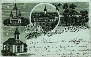 1899 (Vorläufer!) Óbecse, Stari Becej; Görög katolikus szerb és Római katolikus templomok, városháza, szabadságharc emléke, Lőkert. Kapható Löwy Lajosnál / churches, town hall, military monument. Art Nouveau, floral, litho