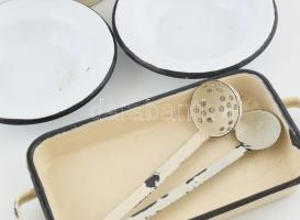 Retró gyermek konyhai eszközözök, zománcozott fém 7 db, vegyes méretben