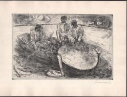 Francsics József (1925-1988): Halászok. Rézkarc, papír, jelzett, 19x29,5 cm