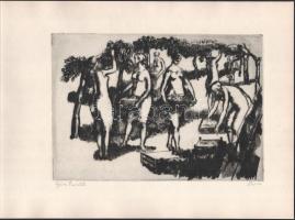 Bencze László (1907-1992): Gyümölcsszedők. Rézkarc, papír, jelzett, 19x27,5 cm