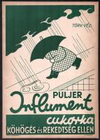 cca 1930 Puljer Influment cukorka köhögés és rekedtség ellen, art deco plakát, karton, jó állapotban, szerepelt egy példány az art deco kiállításon, 33,5×23,5 cm