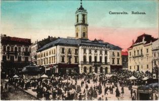 1918 Chernivtsi, Czernowitz, Cernauti, Csernyivci (Bukovina); Rathaus. Verlag A. Tennenbaum / town hall, market + Tábori Postahivatal 414