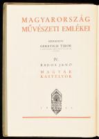 Rados Jenő: Magyar kastélyok. Gerevich Tibor előszavával. Magyarország művészeti emlékei IV. köt. Bp.,1939, Műemlékek Országos Bizottsága - Kir. M. Egyetemi Nyomda, 404+1 p. +1 (kihajtható térképvázlat) t.+11 (kép mellékletek) t. A 79-394 oldalak között, I-től CLVIII-ig számozott fekete-fehér képtáblával. Gazdag szövegközti fekete-fehér képanyaggal illusztrált. Kiadói félbőr-kötésben, kopott, foltos borítóval, sérült gerinccel.