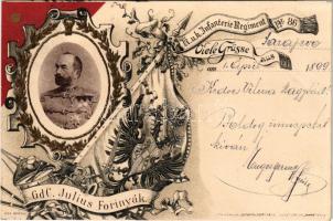 1899 (Vorläufer) Gd C. Julius Forinyák. Viele Grüsse aus K.u.k. Infanterie Regiment Nr. 86. / Forinyák Gyula császári és királyi altábornagy, titkos tanácsos, főrend. A cs. és kir. 86. Gyalogezred szecessziós üdvözlete / Austro-Hungarian military greeting, Art Nouveau lieutenant general. Senefelder Mars (Rb)